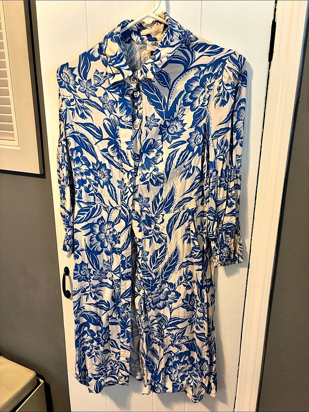 Cabi Provincial Dress Blue & White Floral Long Sleeve